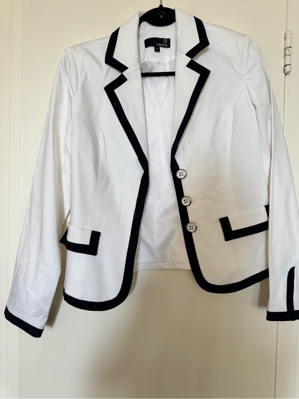 Laura Scott White Blazer with Black Trim - Women's Tailored Jacket